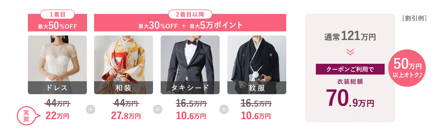 ドレス・和装・タキシード・紋服 | クーポンご利用で衣装総額50万円以上オトク♪