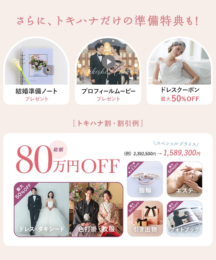 さらにトキハナだけの準備特典も！最大80万円オフ。トキハナ割でこんなにオトク