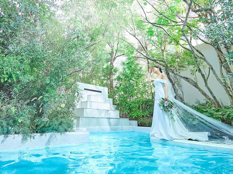 清らかな自然にかこまれた空間に滝が流れるプール