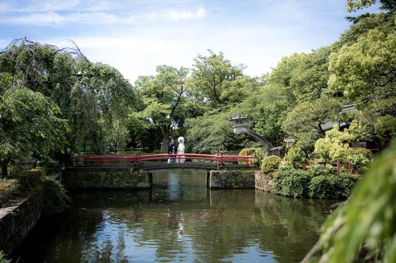 緑あふれる境内での記念写真
