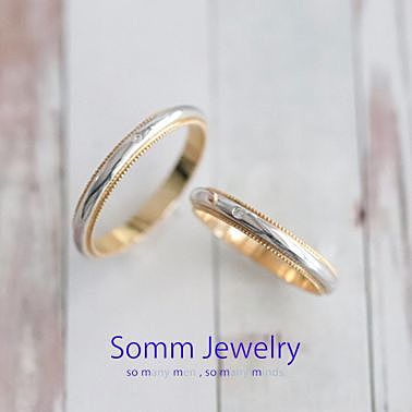 【結婚指輪】甲丸_ダブル2カラー_ミルグレイン_ベース3.0mm_ダイヤモンド1P_Pt900×K18YG